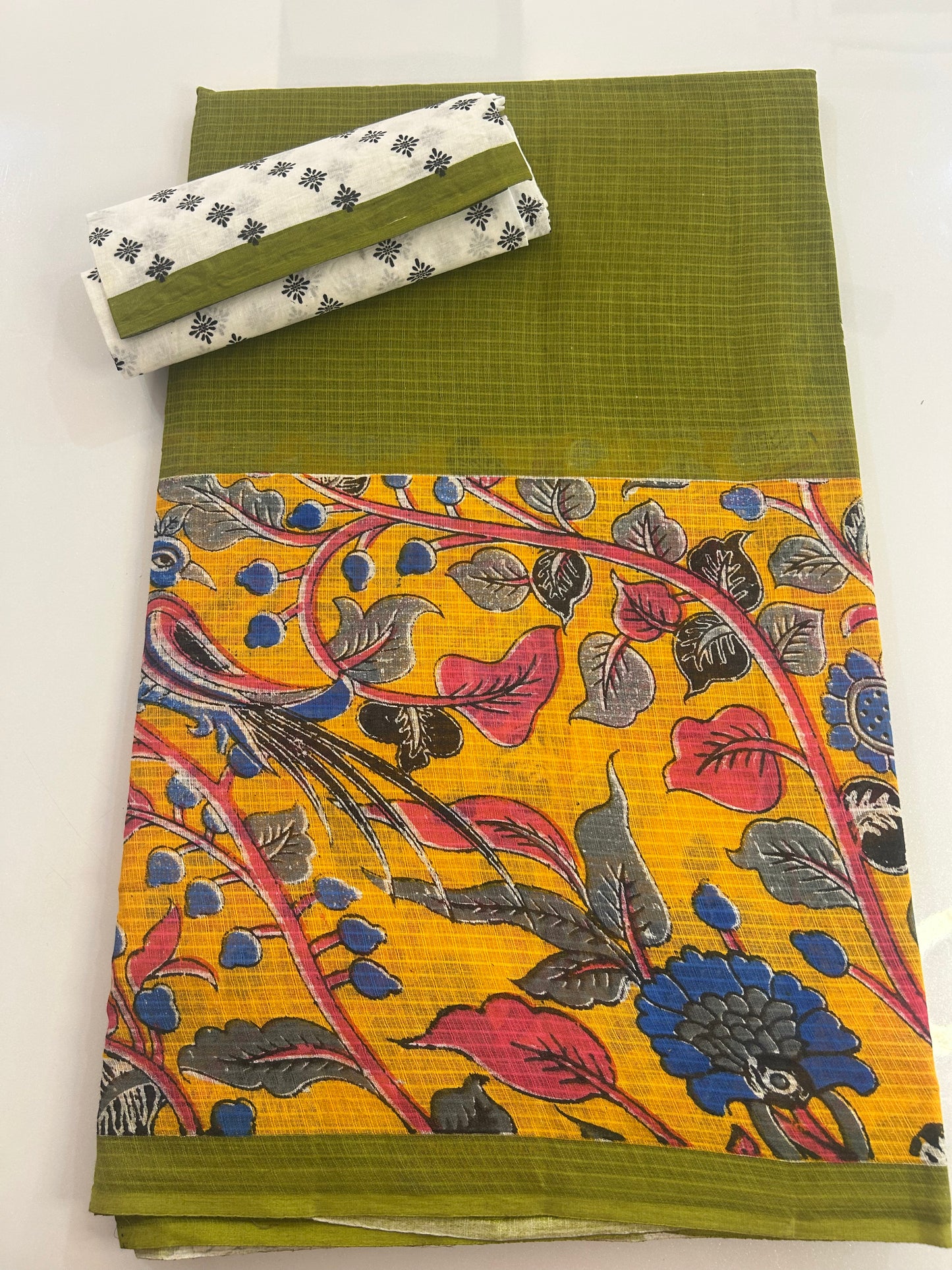 cotton saree with kalamkaree patch work with contrast blouse