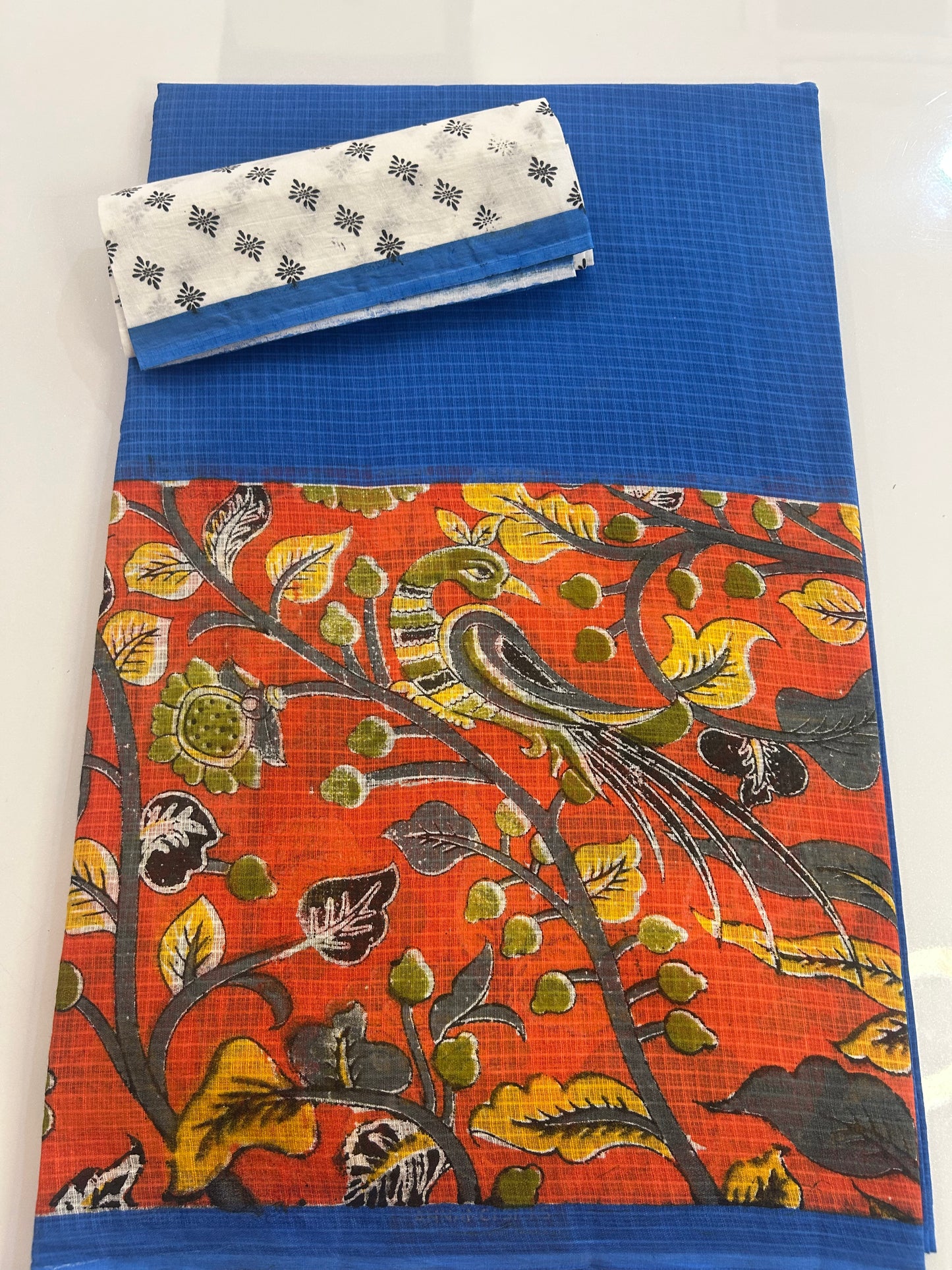 cotton saree with kalamkari patch work with contrast blouse