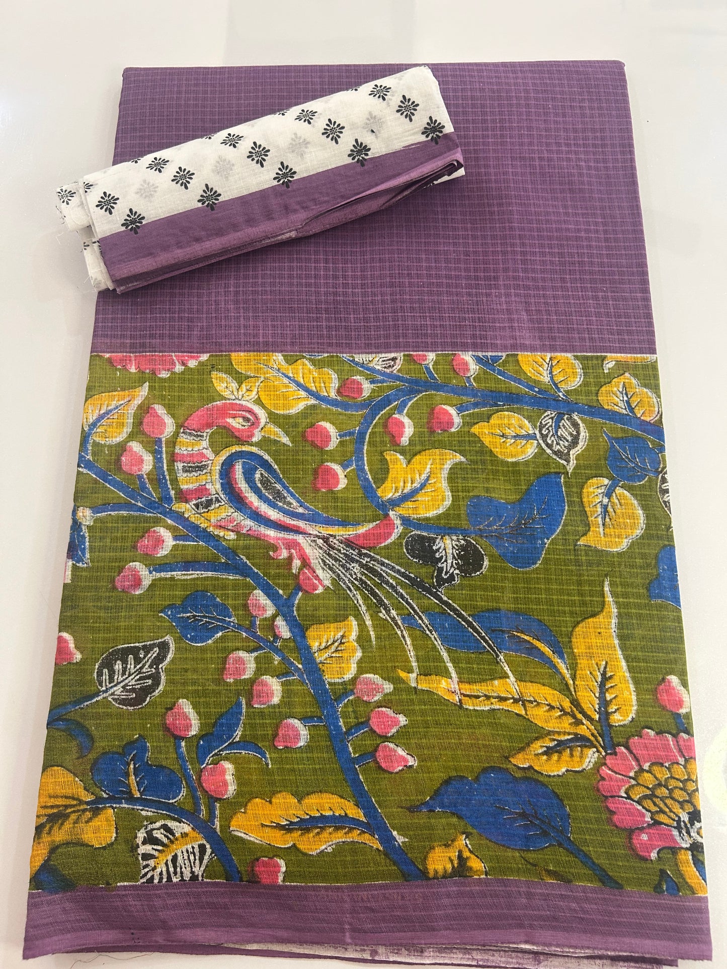 cotton saree with kalamkari patch work and contrast blouse