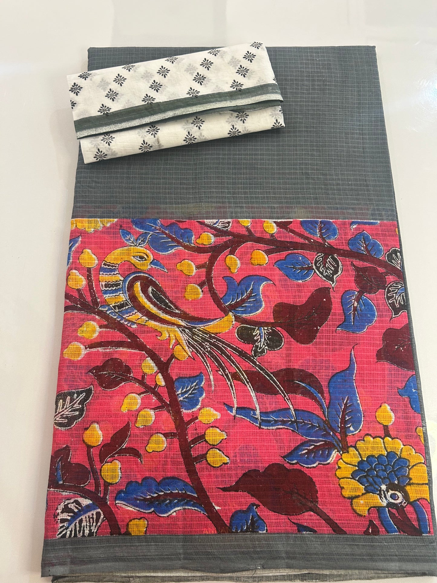cotton saree with kalamkari patch work with contrast blouse