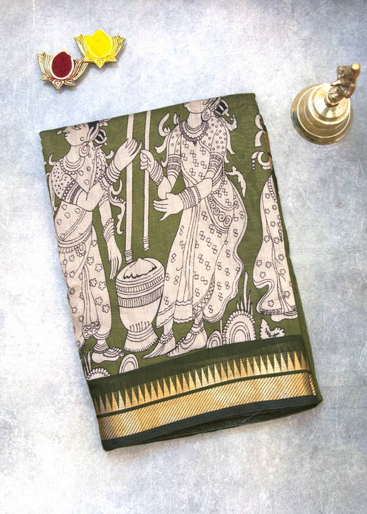 Mehandi Green Viscose Kalamkari Printed Saree