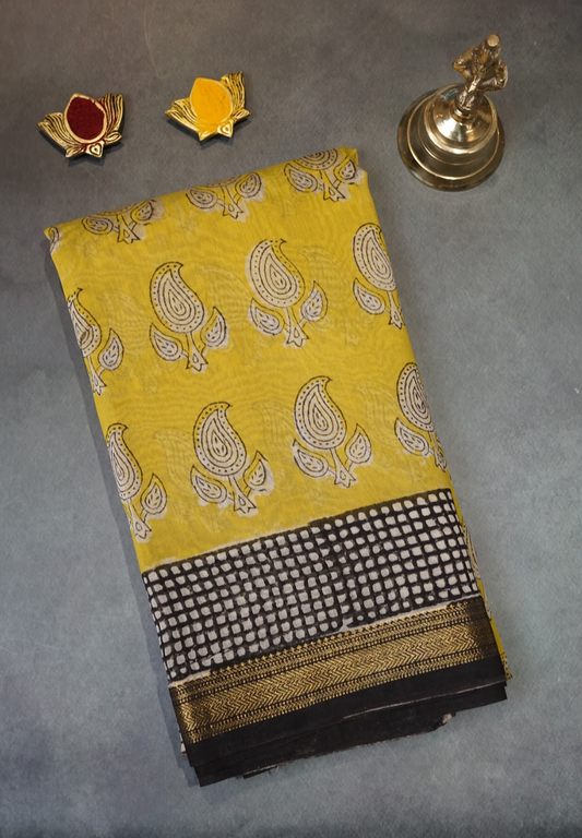 Yellow Maheshwari Bagru Silk Saree