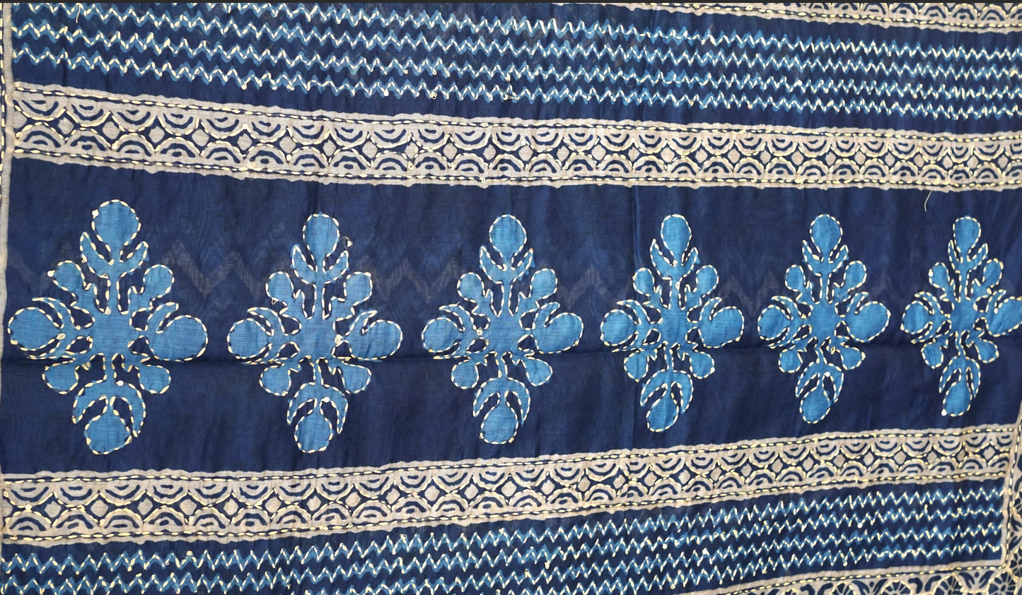 💙 Kantha Work Cotton Saree – Blue 💙