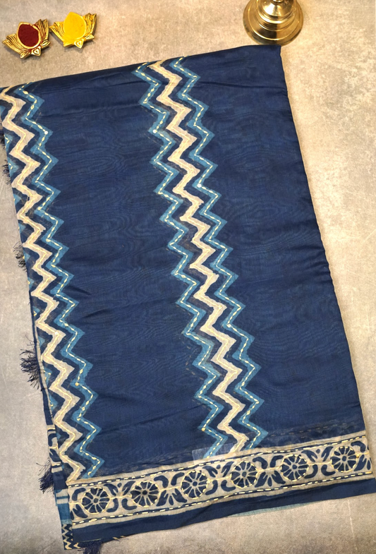 💙 Kantha Work Cotton Saree – Blue 💙